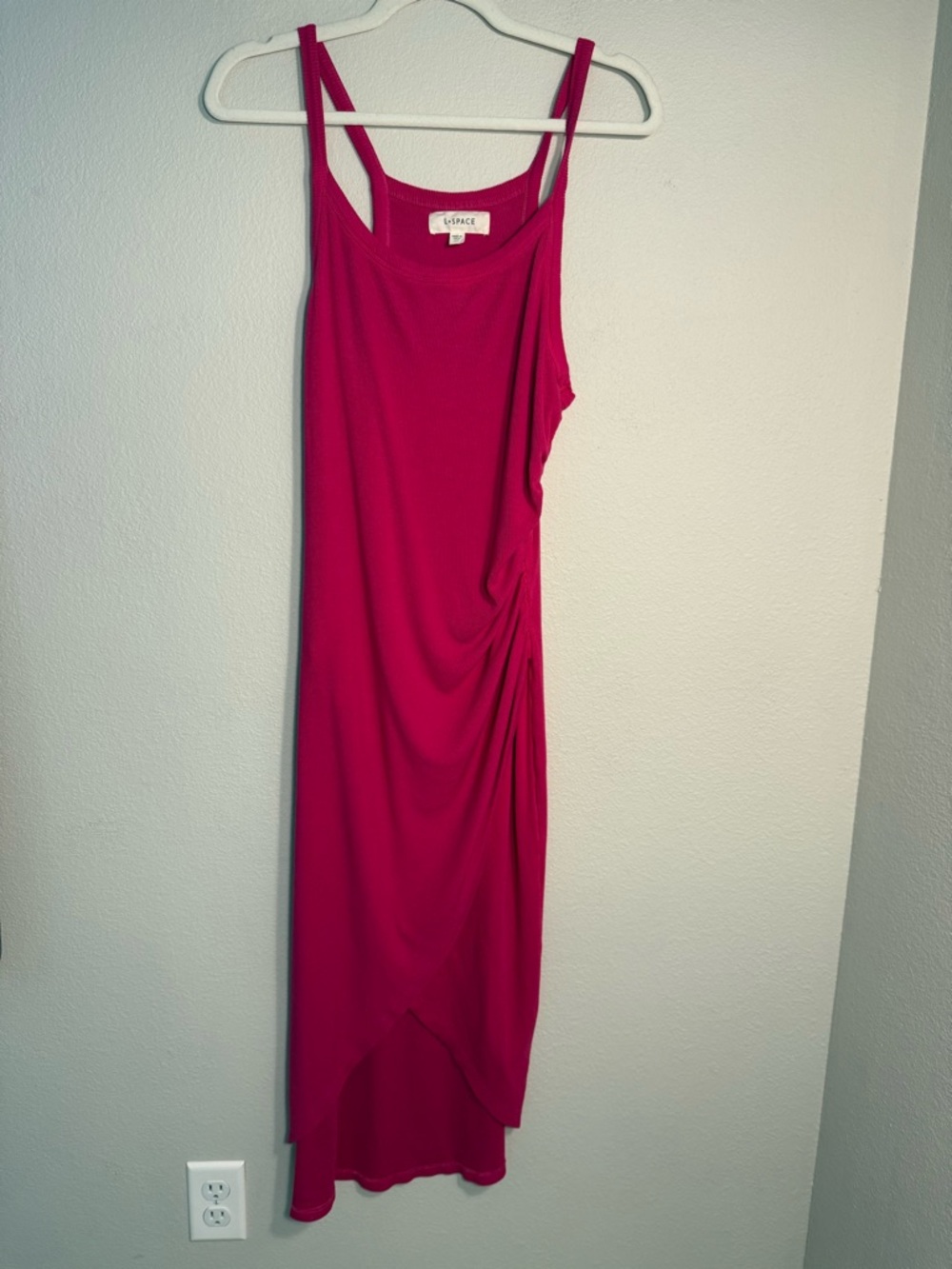 L SPACE Bardot Ruched Midi Dress Bougainvillea Hot Pink tropical beach vacation